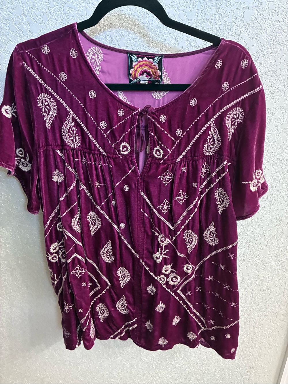 Johnny Was Plum Embroidered Tie-Front Short Sleeve Top